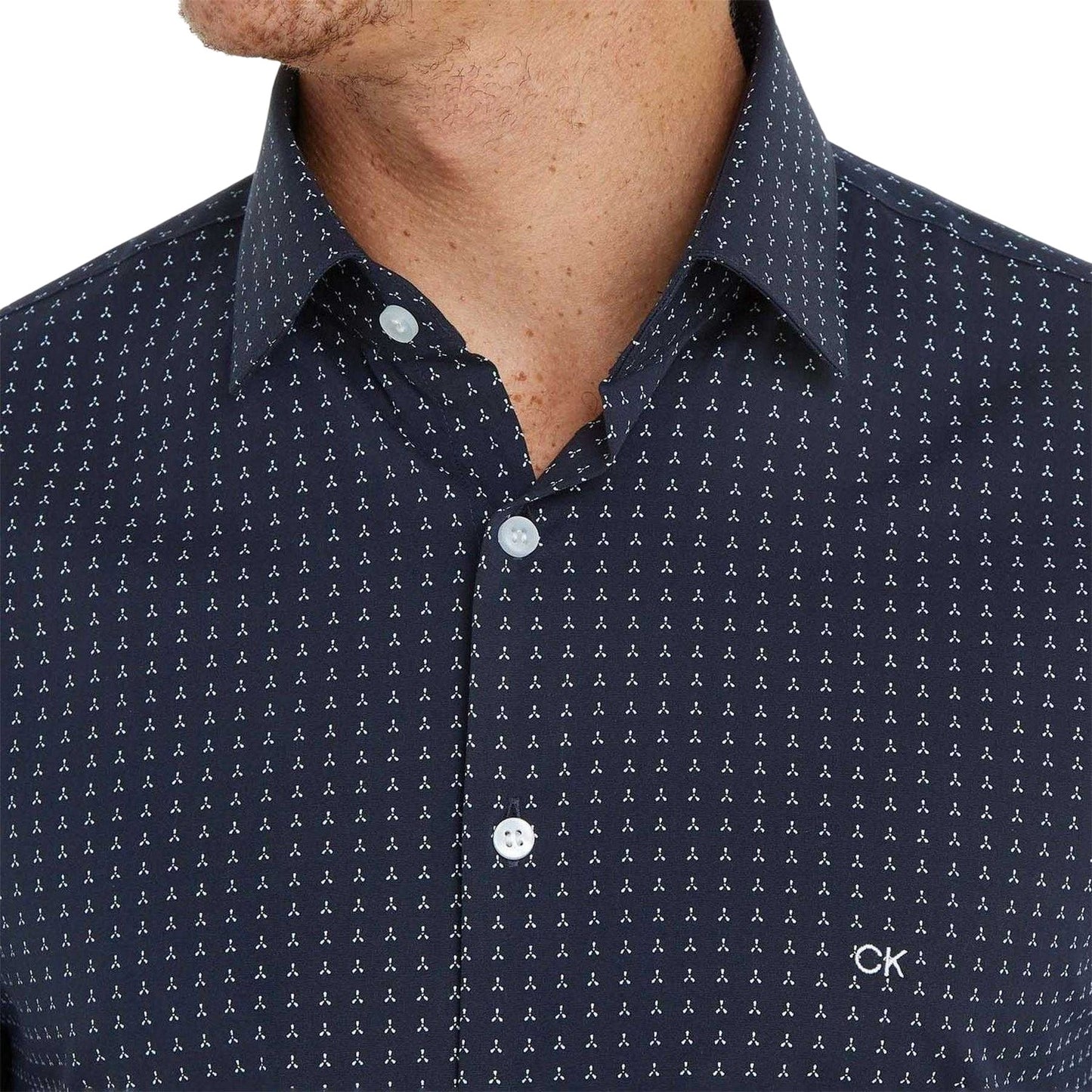 Blue - Side - Calvin Klein Mens Microprint Poplin Slim Long-Sleeved Shirt