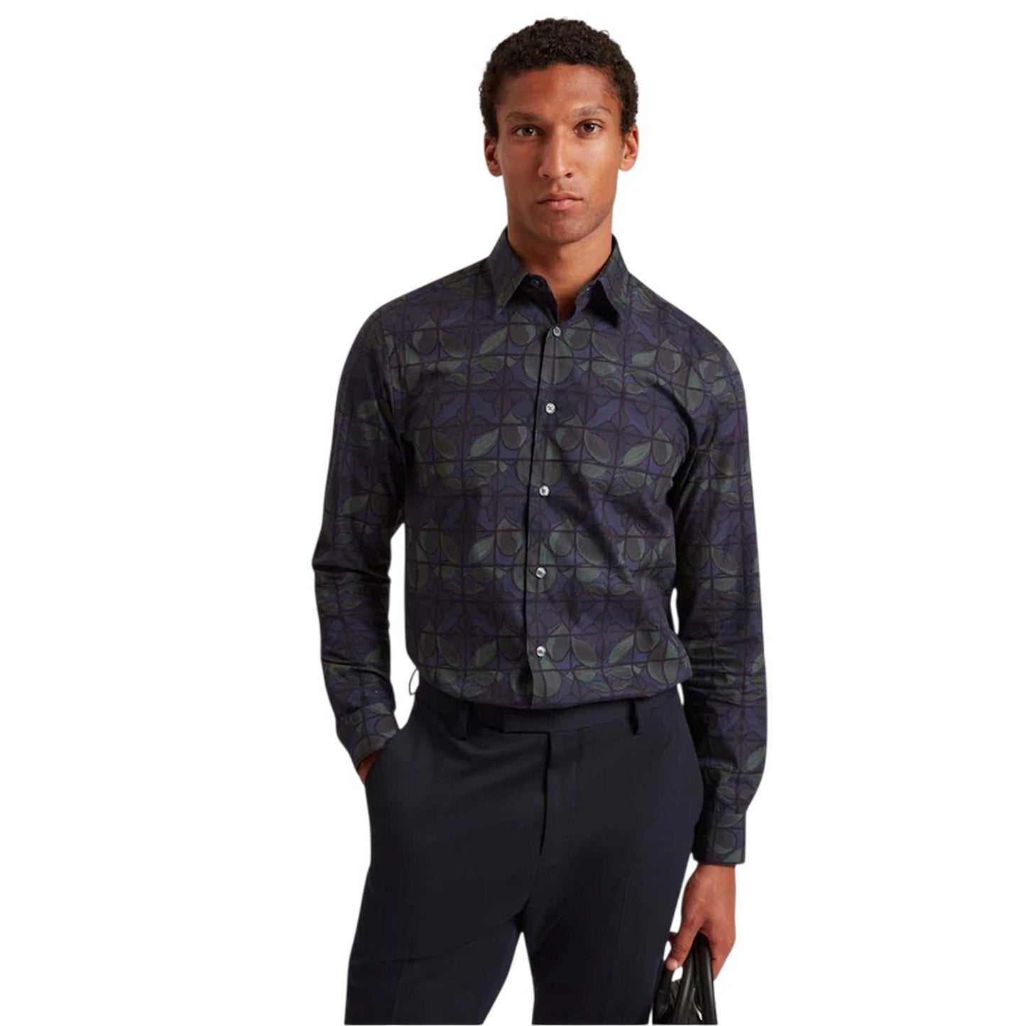 Navy - Side - Ted Baker Mens Floral Point Collar Long-Sleeved Shirt