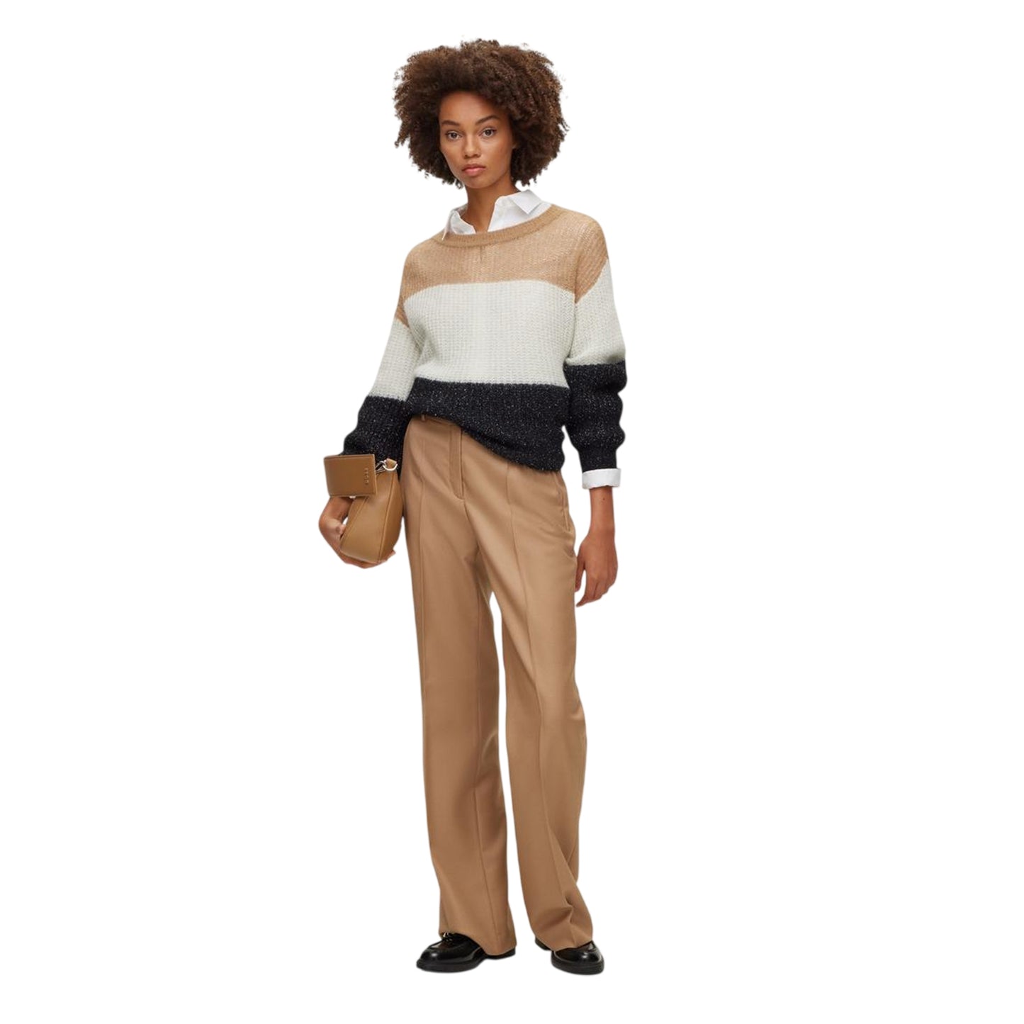 Black-White-Beige - Close up - Boss Womens-Ladies Colour Block Crew Neck Sweater Top