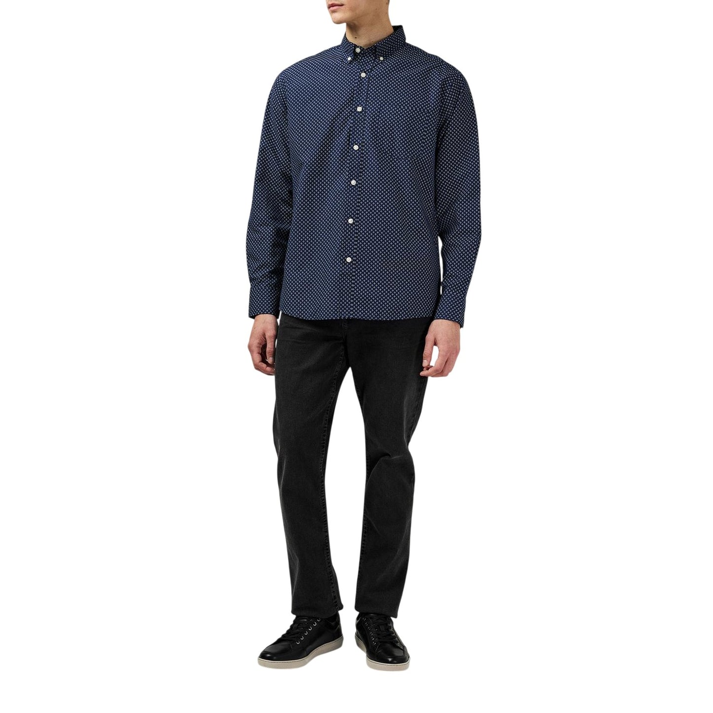 Navy-White - Lifestyle - Fabric Mens Patterned Poplin Long-Sleeved Shirt