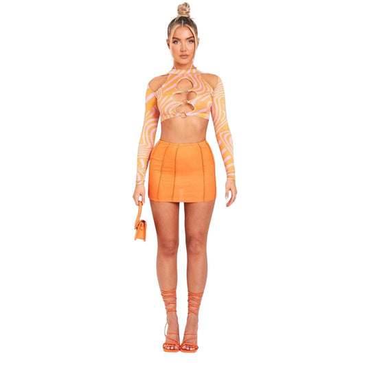 Pink Print - Front - Missy Empire Womens-Ladies Cut Out Long-Sleeved Crop Top