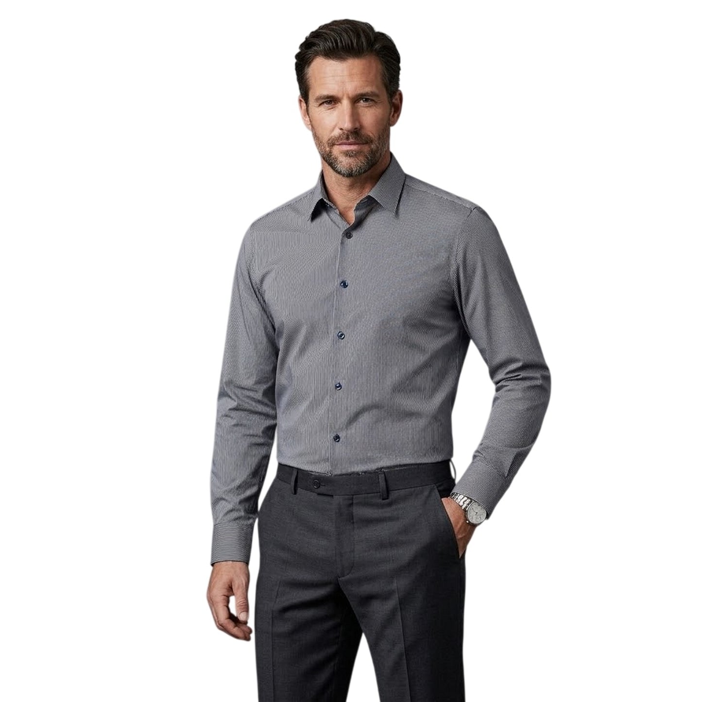Dark Blue - Side - Boss Mens Striped Regular Long-Sleeved Shirt
