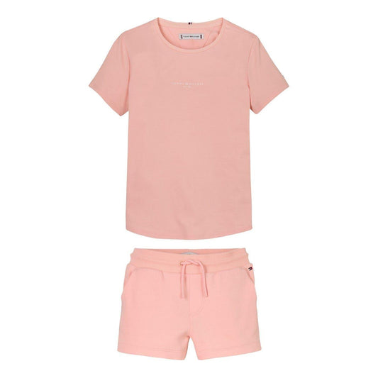 Coral - Front - Tommy Hilfiger Childrens-Kids Corp Cotton Blend T-Shirt & Shorts Set