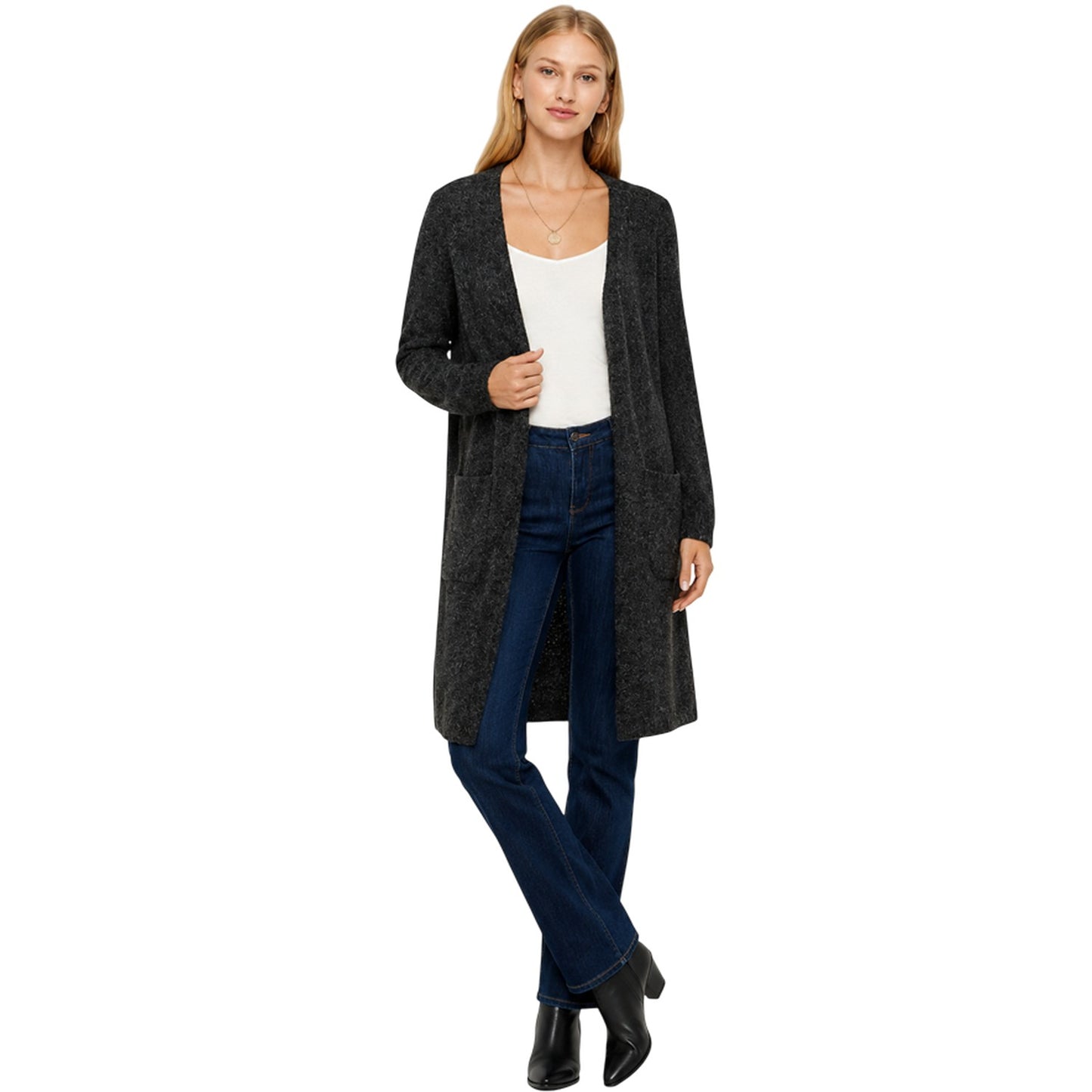 Black - Pack Shot - Vero Moda Womens-Ladies Doffy Open Front Relaxed Fit Long-Sleeved Cardigan