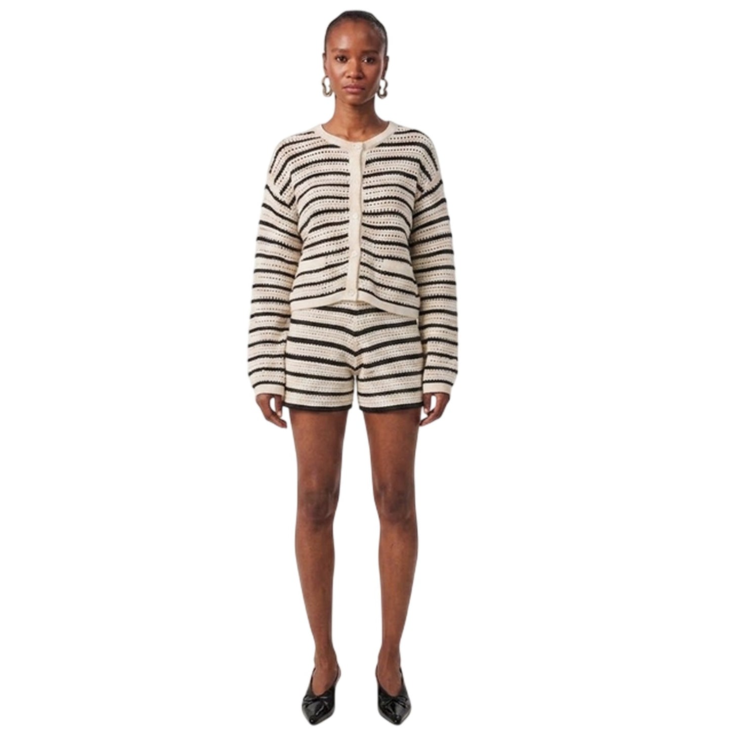 Black-Off White - Close up - Edited Womens-Ladies Heinke Crochet Stripe Shorts