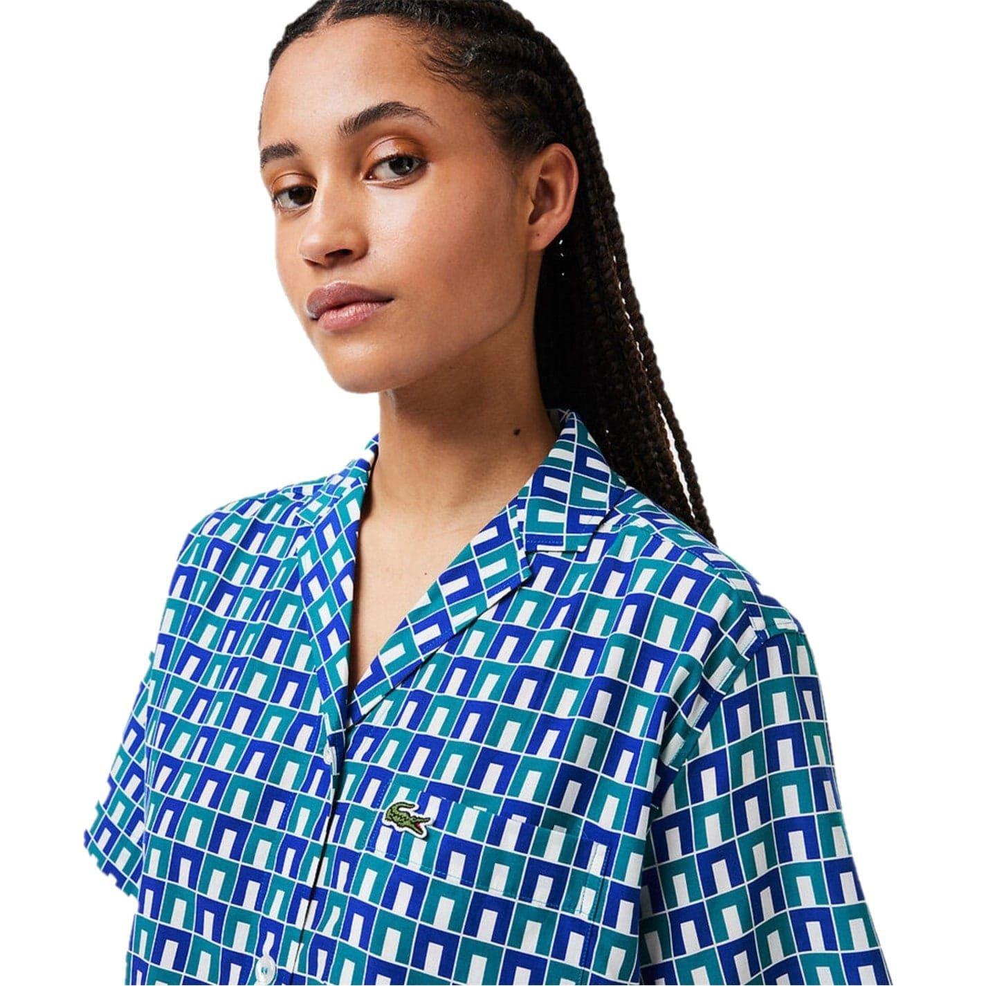 White-Blue - Side - Lacoste Womens-Ladies Geometric Short-Sleeved Shirt
