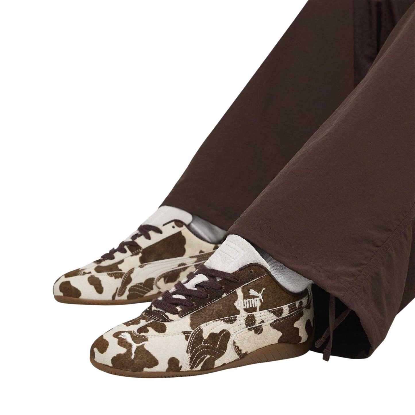 Beige-Brown - Pack Shot - Puma Womens-Ladies Speedcat Cow Print Low Cut Trainers