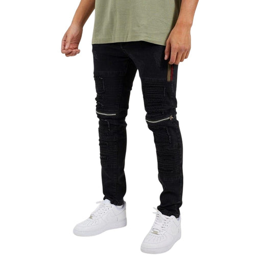 Black - Front - Brave Soul Mens Elba Denim Biker Slim Jeans