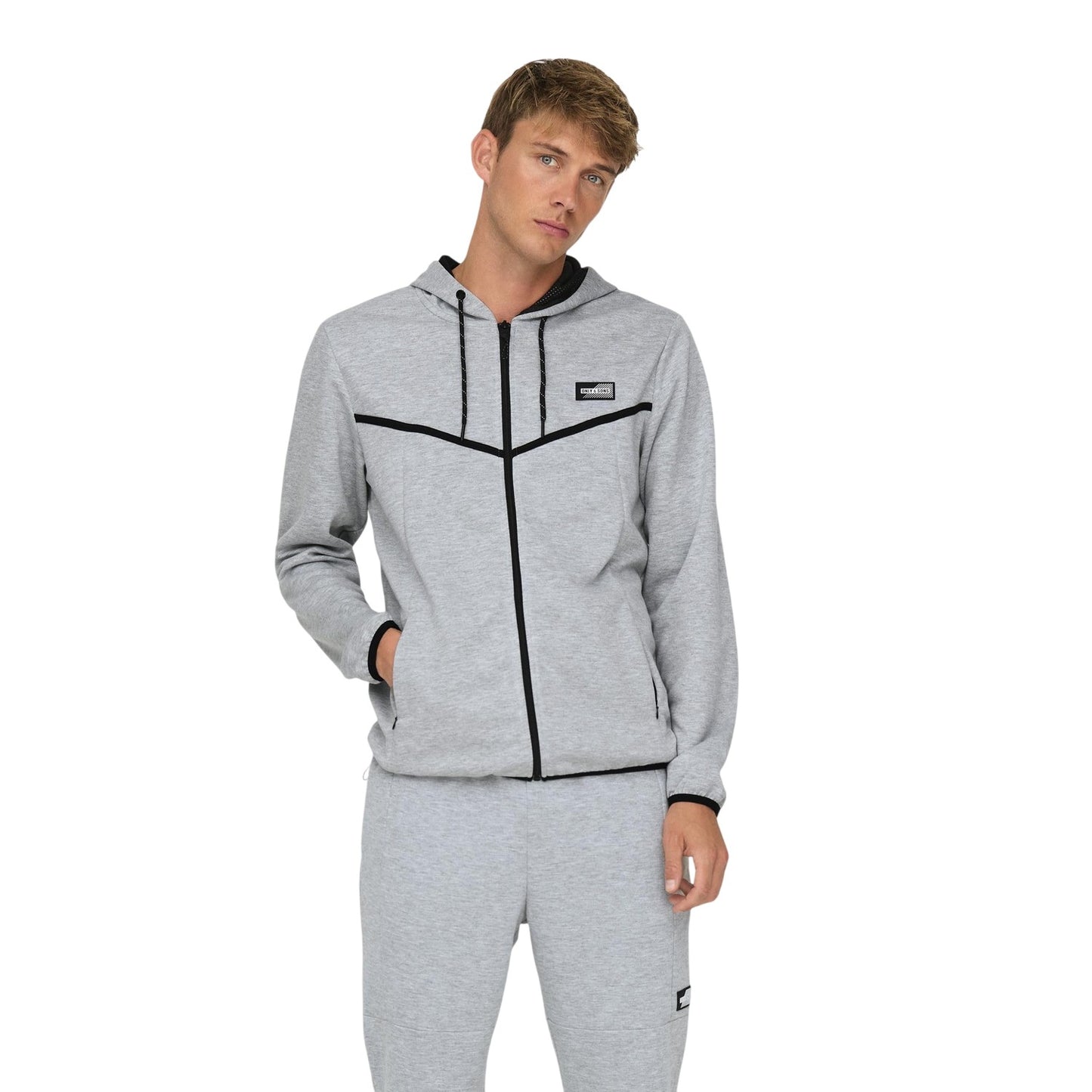 Light Grey Melange - Lifestyle - Only Mens Contrast Piping Hooded Regular Sweat Jacket