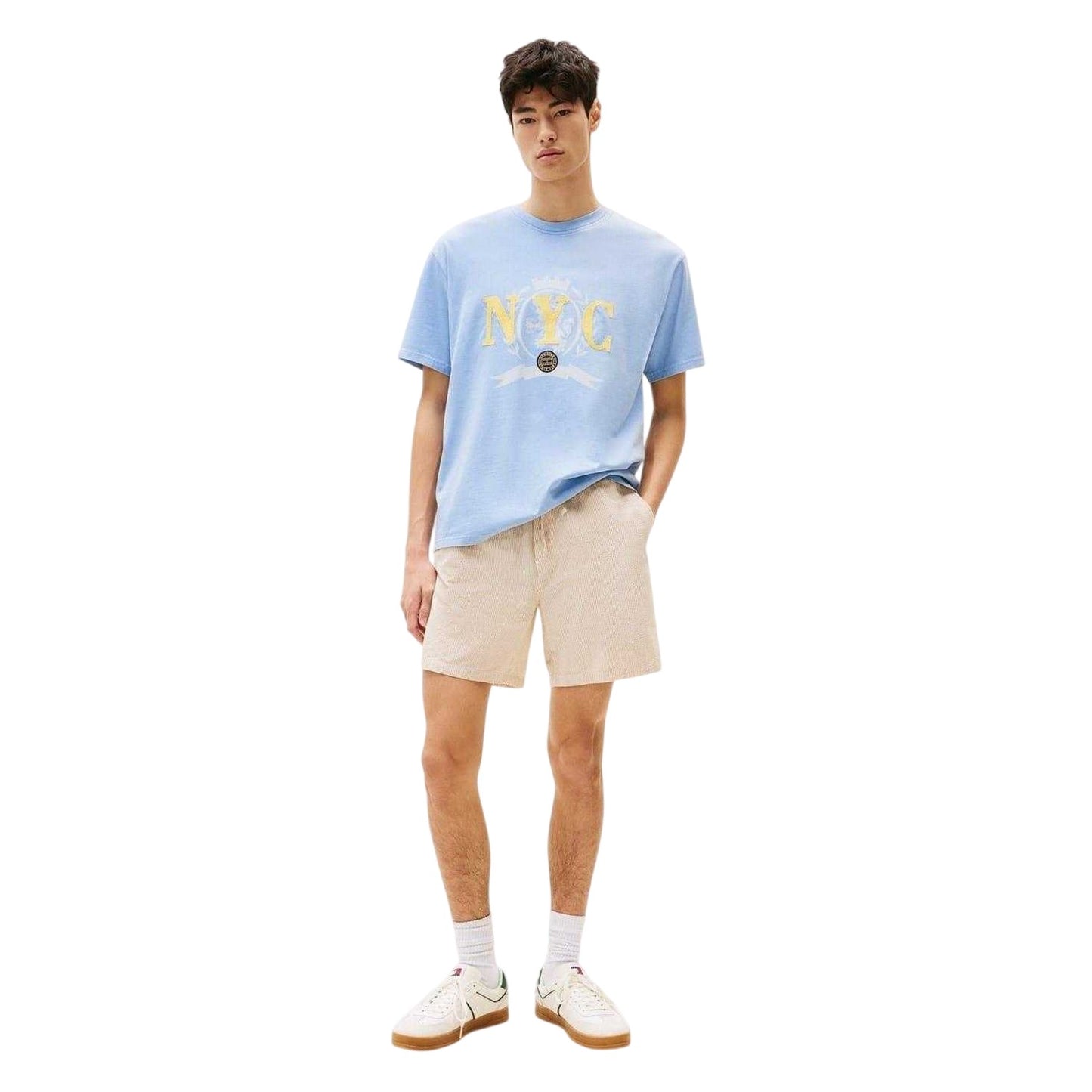 Tan - Side - Tommy Jeans Mens Seersucker Stripe Casual Shorts