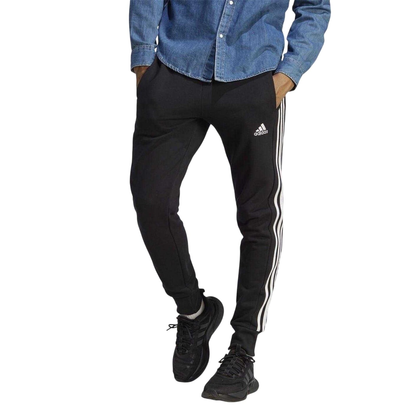 Black-White - Close up - Adidas Mens French Terry 3 Stripes Joggers