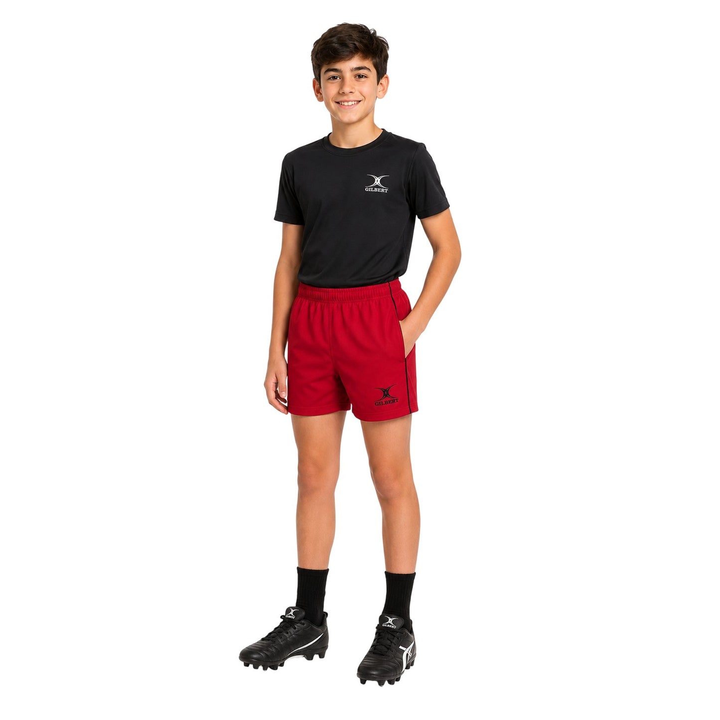 Red - Lifestyle - Gilbert Childrens-Kids Elasticated Waist Match Rugby Shorts