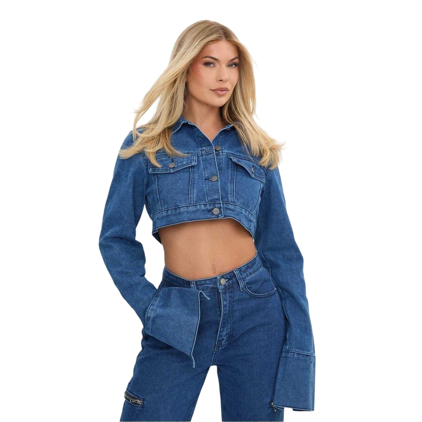 Mid Blue - Pack Shot - I Saw It First Womens-Ladies Cropped Boxy Denim Jacket