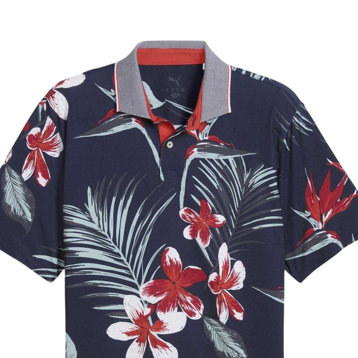 Dark Navy-Red - Side - Puma Mens Mattr Luau Floral Performance Polo Shirt