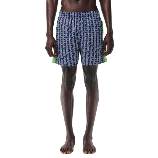 Navy Blue-Green - Front - Lacoste Mens Monogram Mid Length Swimming Trunks