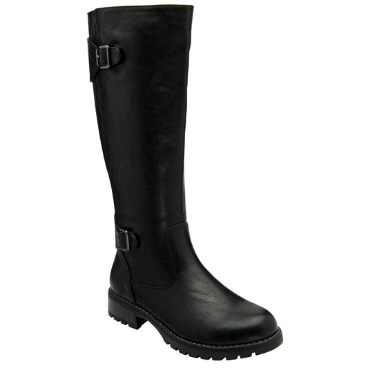 Black - Front - Lotus Shoes Womens-Ladies Brandi Buckle Detail Knee-High Boots