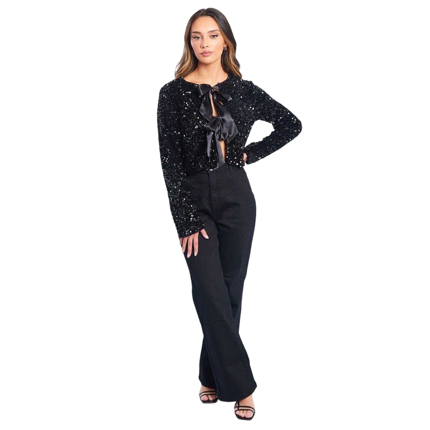 Black - Lifestyle - Be You Womens-Ladies Bow Sequin Relaxed Fit Long-Sleeved Blouse