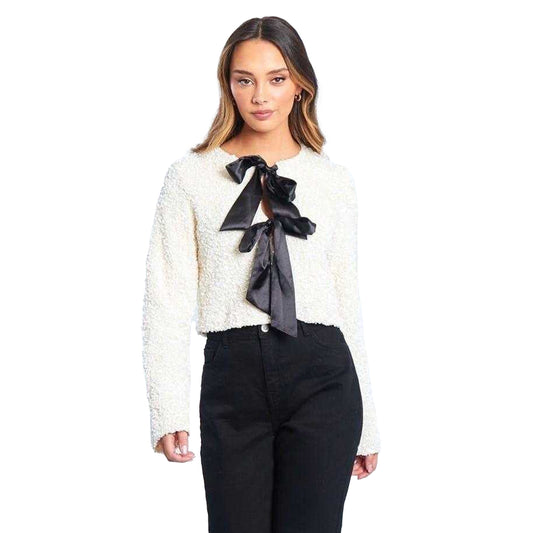 Cream - Front - Be You Womens-Ladies Bow Sequin Relaxed Fit Long-Sleeved Blouse