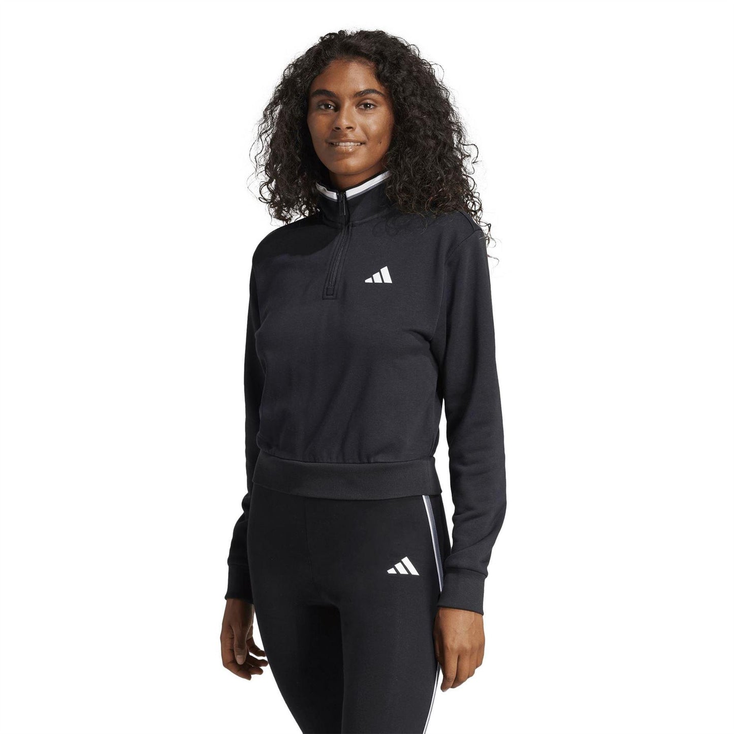 Black - Side - Adidas Womens-Ladies Quarter Zip Crop Sweatshirt