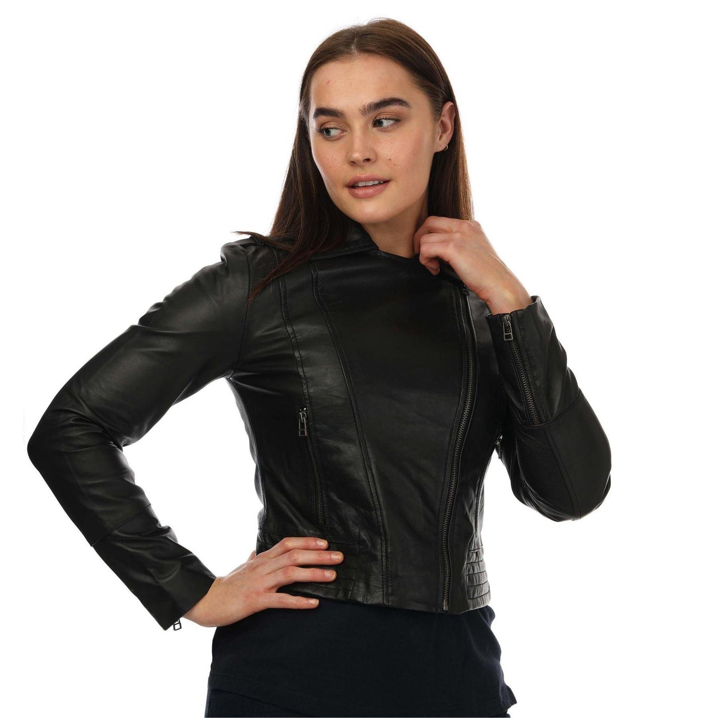 Black - Lifestyle - Elle Womens-Ladies Leather Fitted Biker Jacket