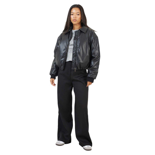 Black - Front - Brave Soul Womens-Ladies Faux Leather Collared Oversized Bomber Jacket