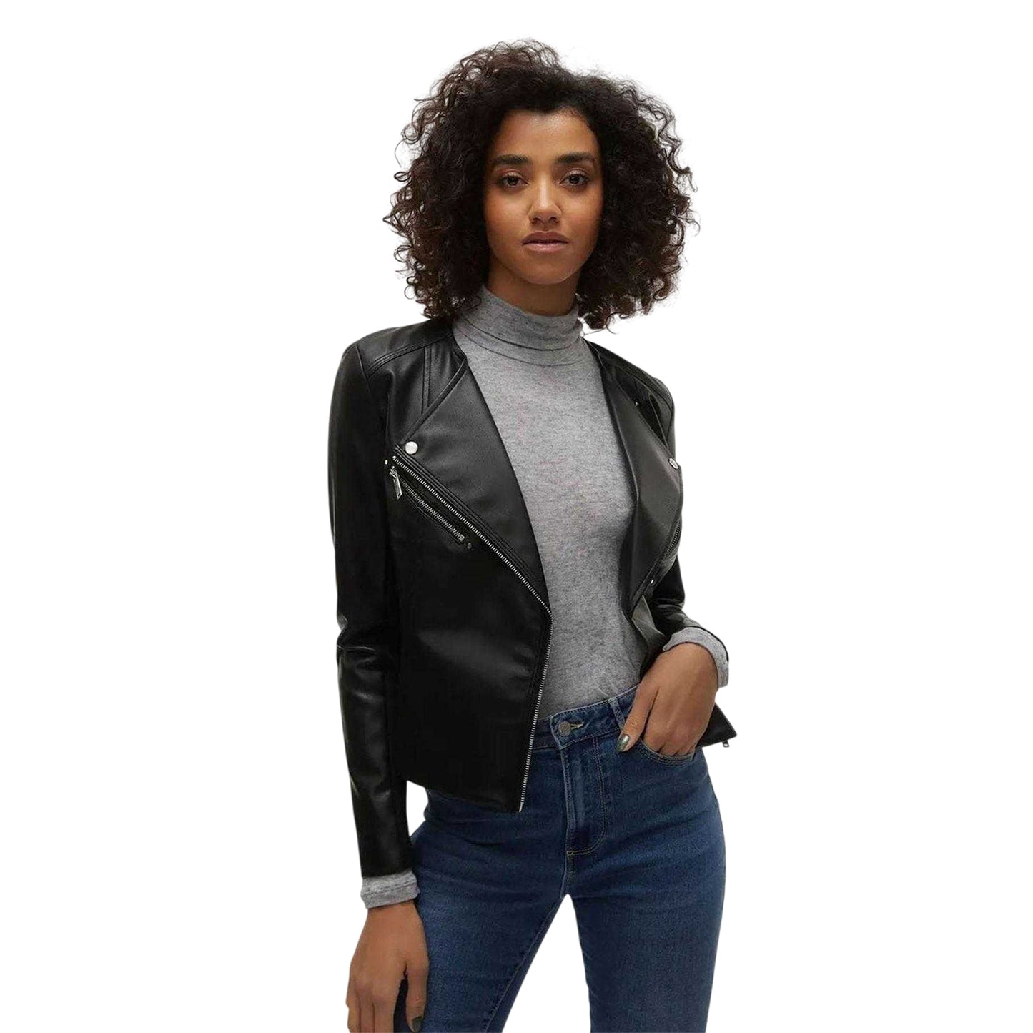 Black - Side - Vero Moda Womens-Ladies Faux Leather Biker Jacket