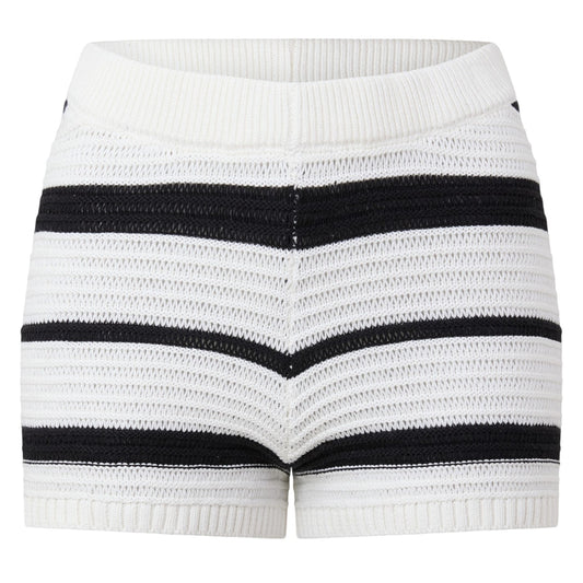 Cream-Black - Front - I Saw It First Womens-Ladies Knitted Striped Snug Fit Shorts