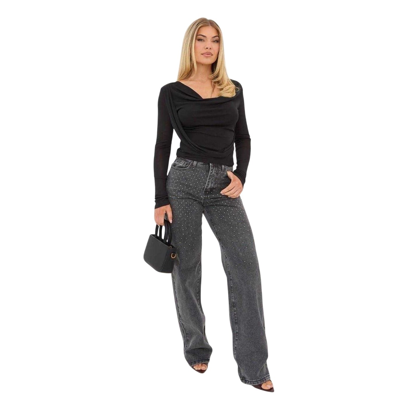 Washed Grey - Lifestyle - I Saw It First Womens-Ladies Denim Embellished Wide Leg Jeans