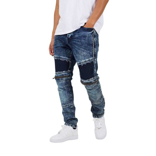 Dark Blue - Front - Brave Soul Mens Washed Biker Slim Jeans