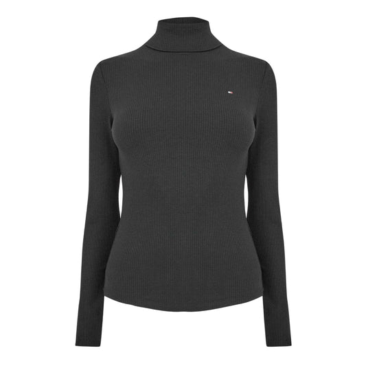 Black - Front - Tommy Hilfiger Womens-Ladies Roll Neck Slim Long-Sleeved Top