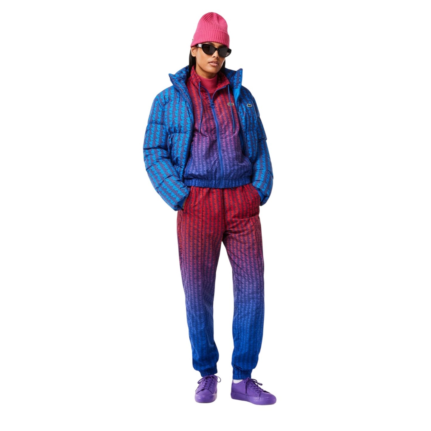 Red-Cobalt Print - Pack Shot - Lacoste Womens-Ladies Geometric Pattern Slim Joggers