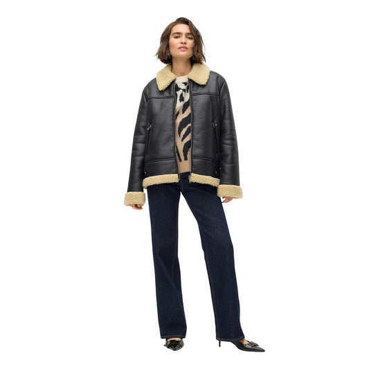 Black-Oatmeal - Front - Vero Moda Womens-Ladies Kay Pilot Style Relaxed Fit Jacket