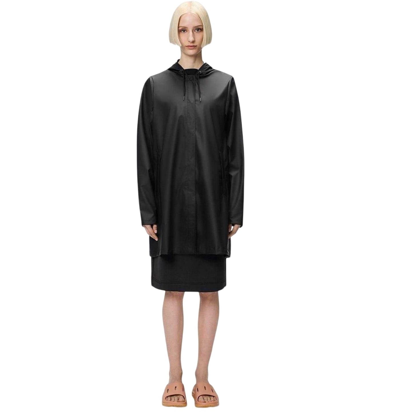 Black - Side - Rains Womens-Ladies Hooded Loose Raincoat