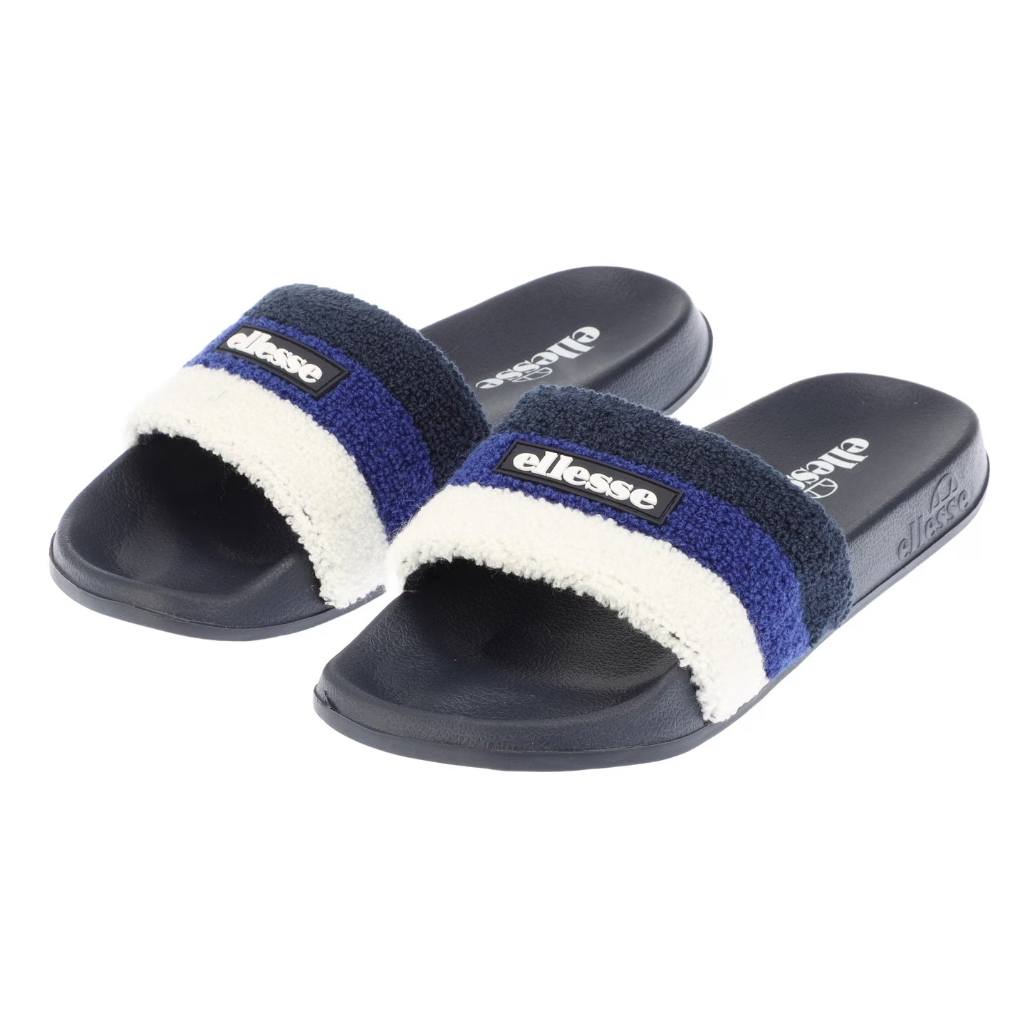 Navy-Blue - Pack Shot - Ellesse Mens Triple Stripe Terrycloth Open Toe Slides