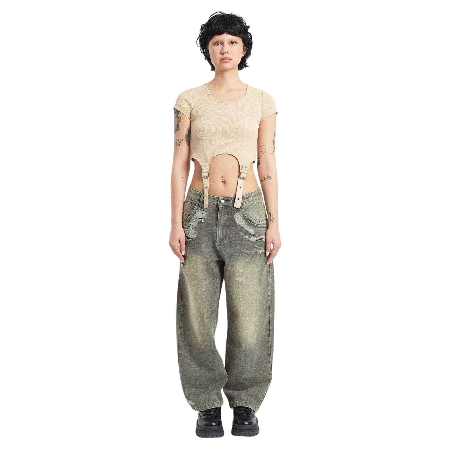 Grey - Side - The Ragged Priest Womens-Ladies Crescent Denim Wide Leg Jeans