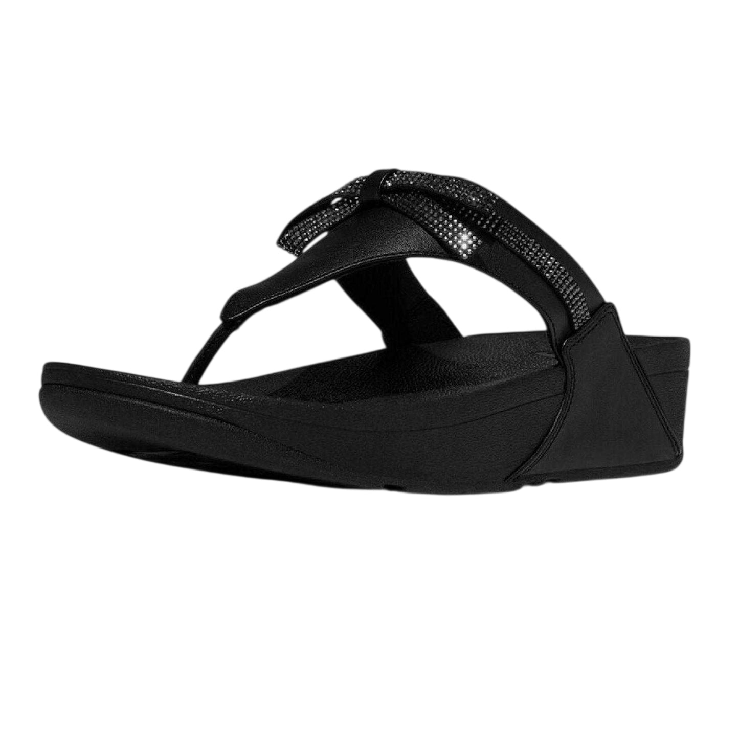 Black - Close up - FitFlop Womens-Ladies Lulu Glitter Bow Leather Toe Post Wedge Sandals