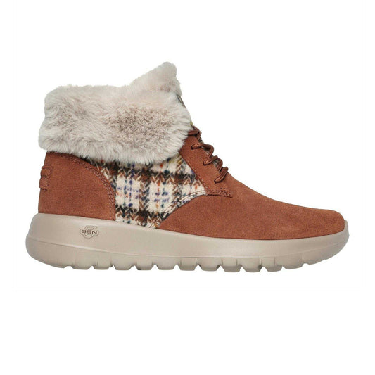Tan - Front - Skechers Womens-Ladies Go Joy Tartan Suede Trainers