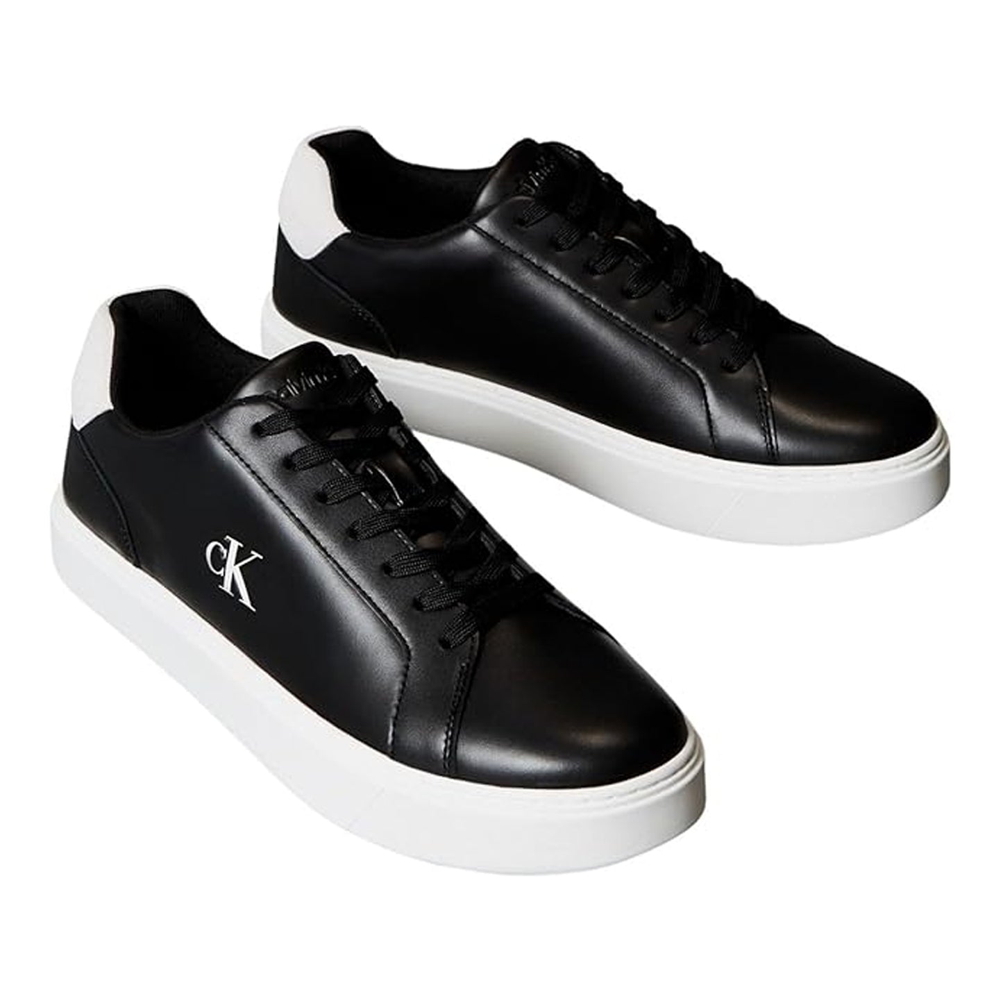 Black-White - Side - Calvin Klein Mens Classic Logo Leather Flat Trainers