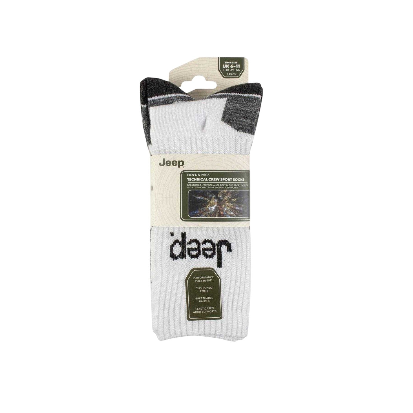 White - Side - Jeep Mens Crew Socks (Pack of 4)