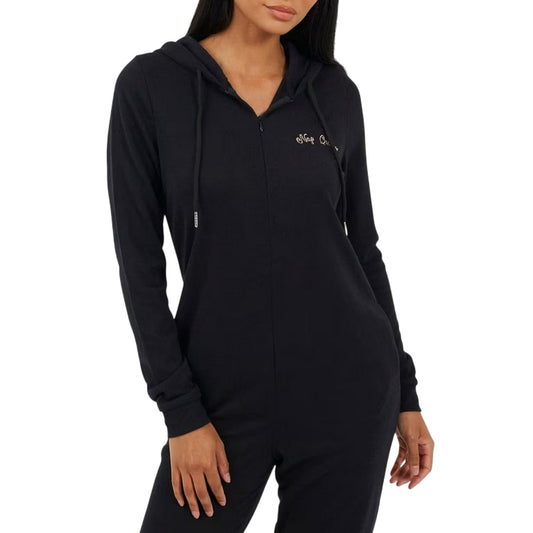 Black-Rose Gold - Front - Brave Soul Womens-Ladies Lettering Hooded Long-Sleeved All-In-One Nightwear