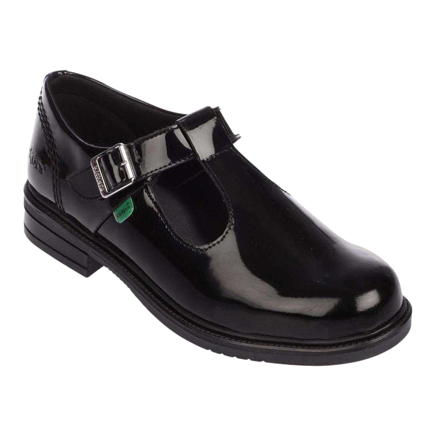Black - Side - Kickers Girls Lach Patent Leather T-Bar Low Block Heel School Shoes