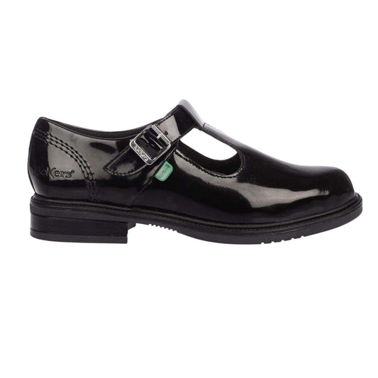 Black - Front - Kickers Girls Lach Patent Leather T-Bar Low Block Heel School Shoes