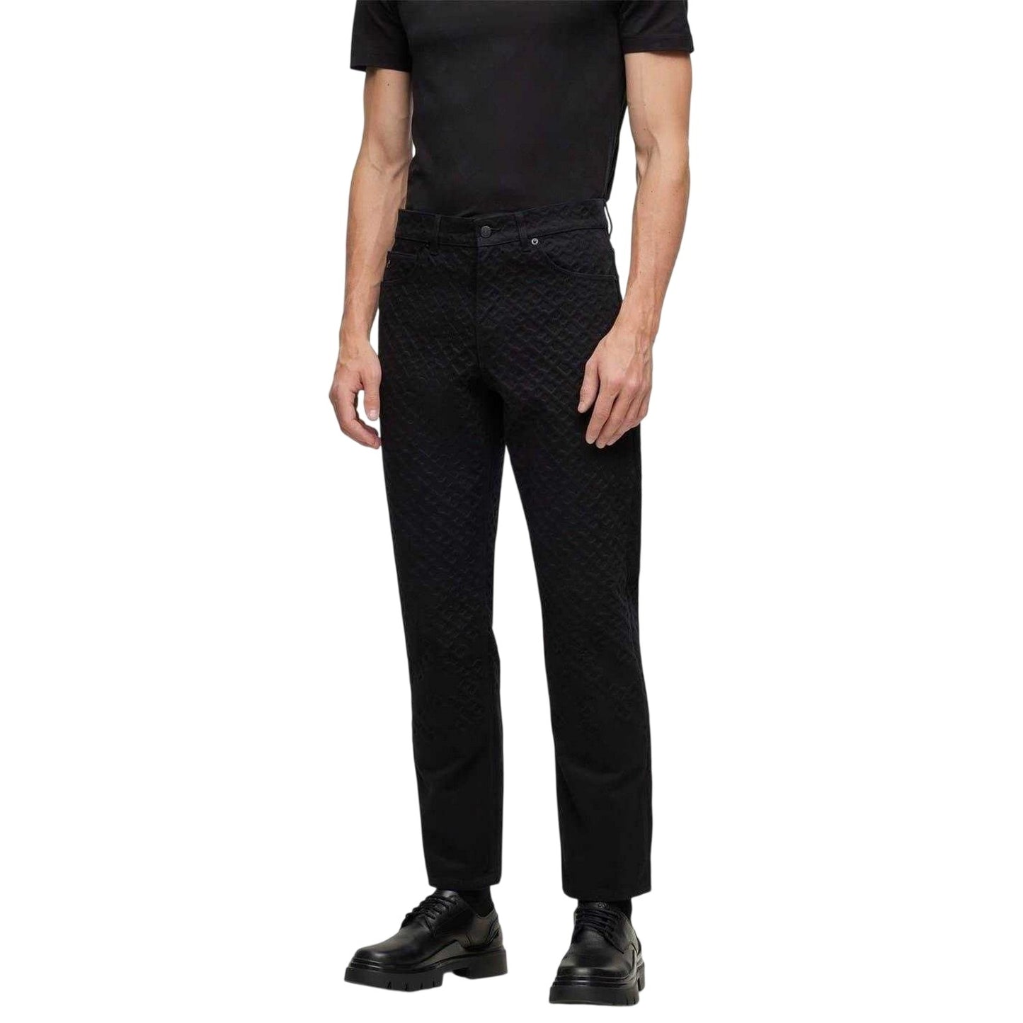 Black - Side - Boss Mens Denim Geometric 5 Pockets Straight Leg Jeans
