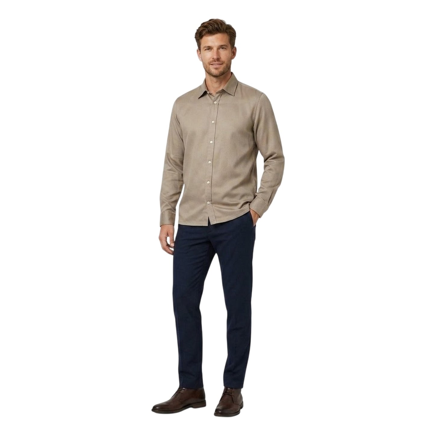 Greige - Side - Jack And Jones Mens Plain Long-Sleeved Shirt