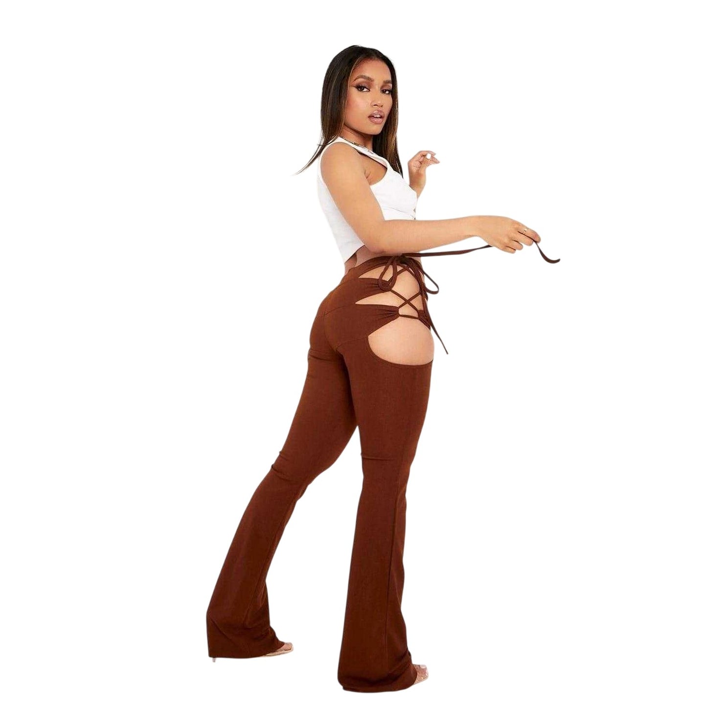 Chocolate - Lifestyle - Missy Empire Womens-Ladies Cut Out Lace Up Flared Trousers