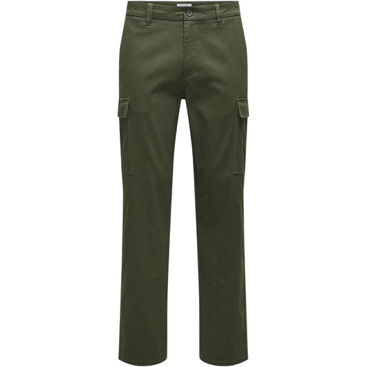 Olive Night - Front - Only Mens Plain Straight Cargo Trousers