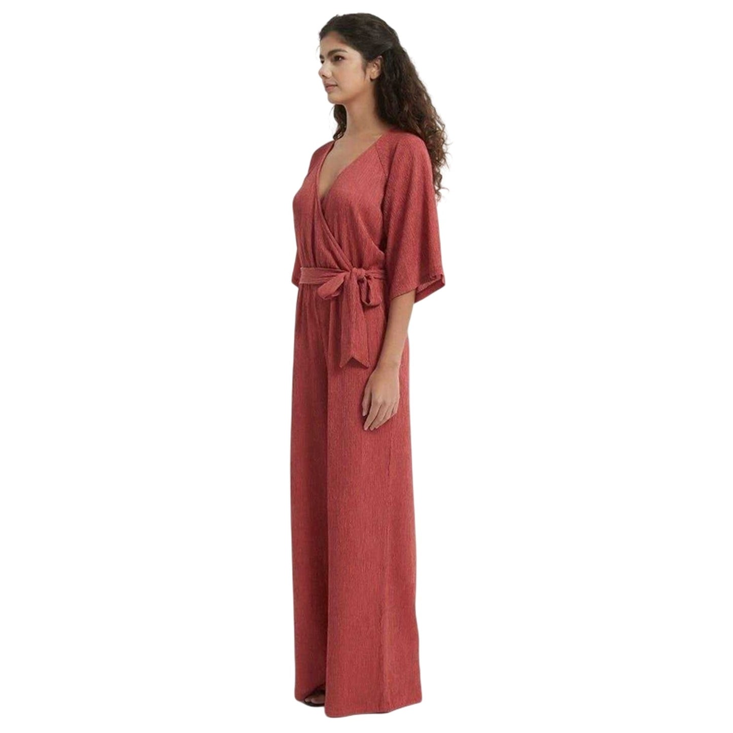 Rust - Lifestyle - Be You Womens-Ladies Crinkled V Neck Relaxed Fit 3-4 Sleeve Jumpsuit