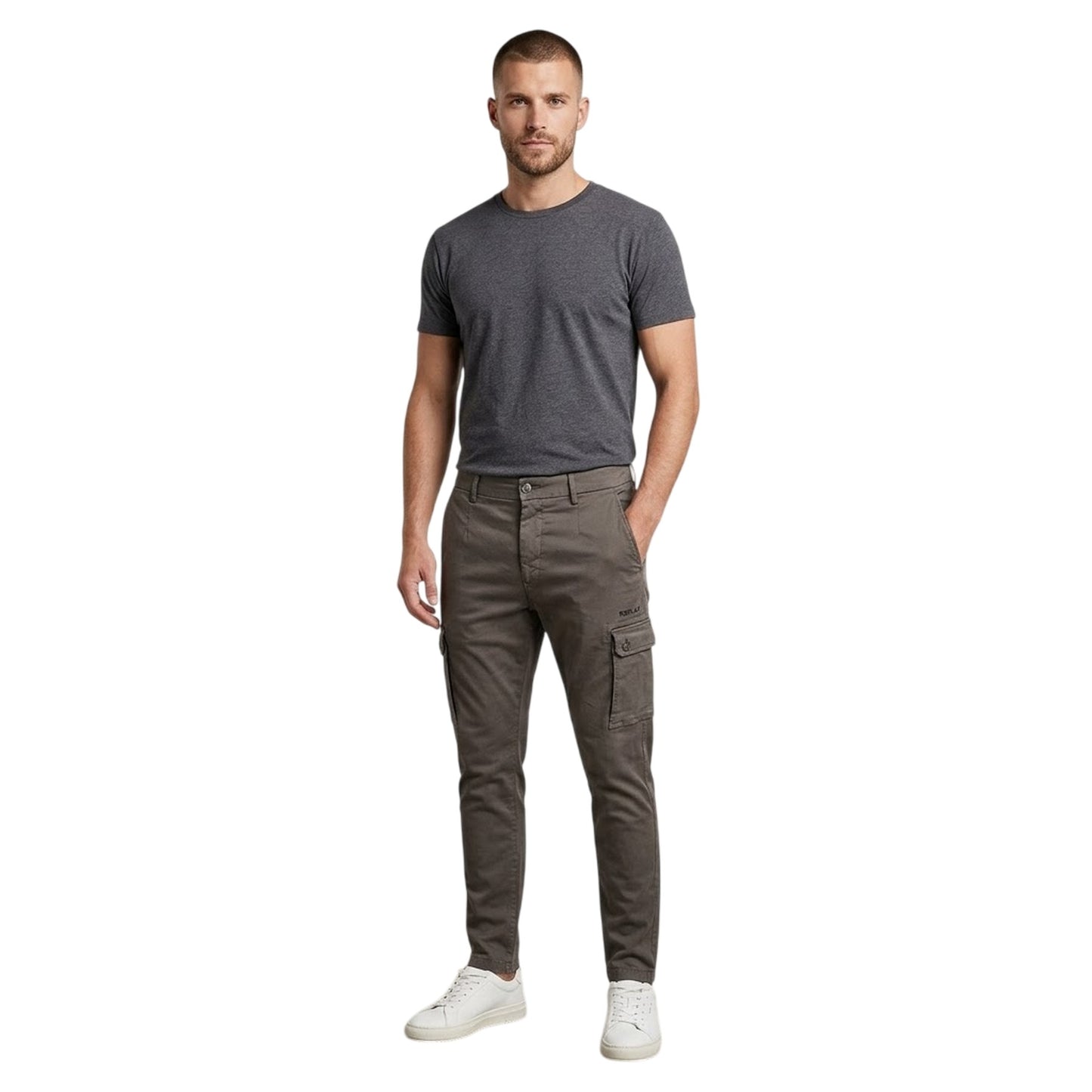 Green - Side - Replay Mens Cotton Denim Slim Cargo Trousers