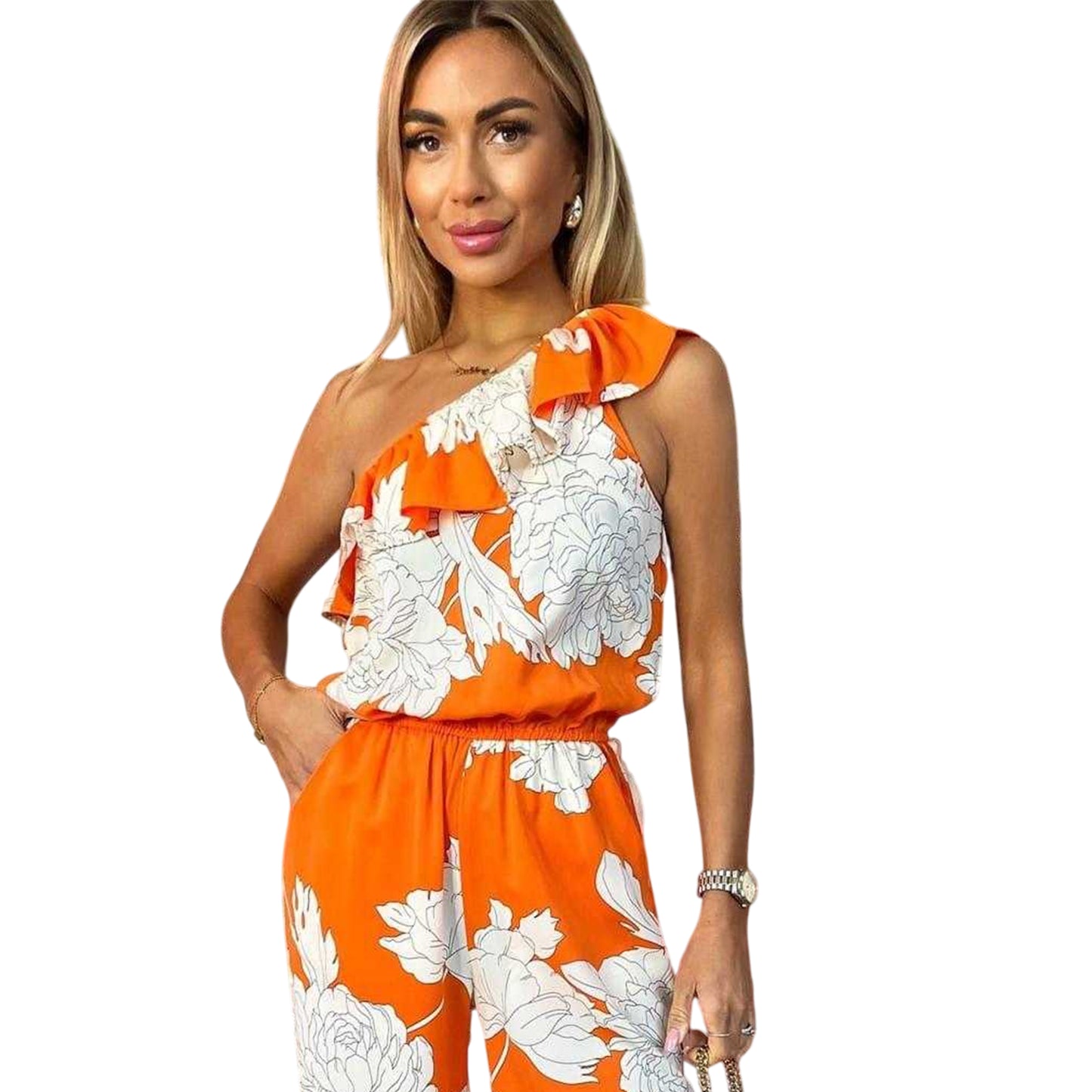 Blood Orange - Side - AX Paris Womens-Ladies Floral Polyester One Shoulder Cocktail Jumpsuit