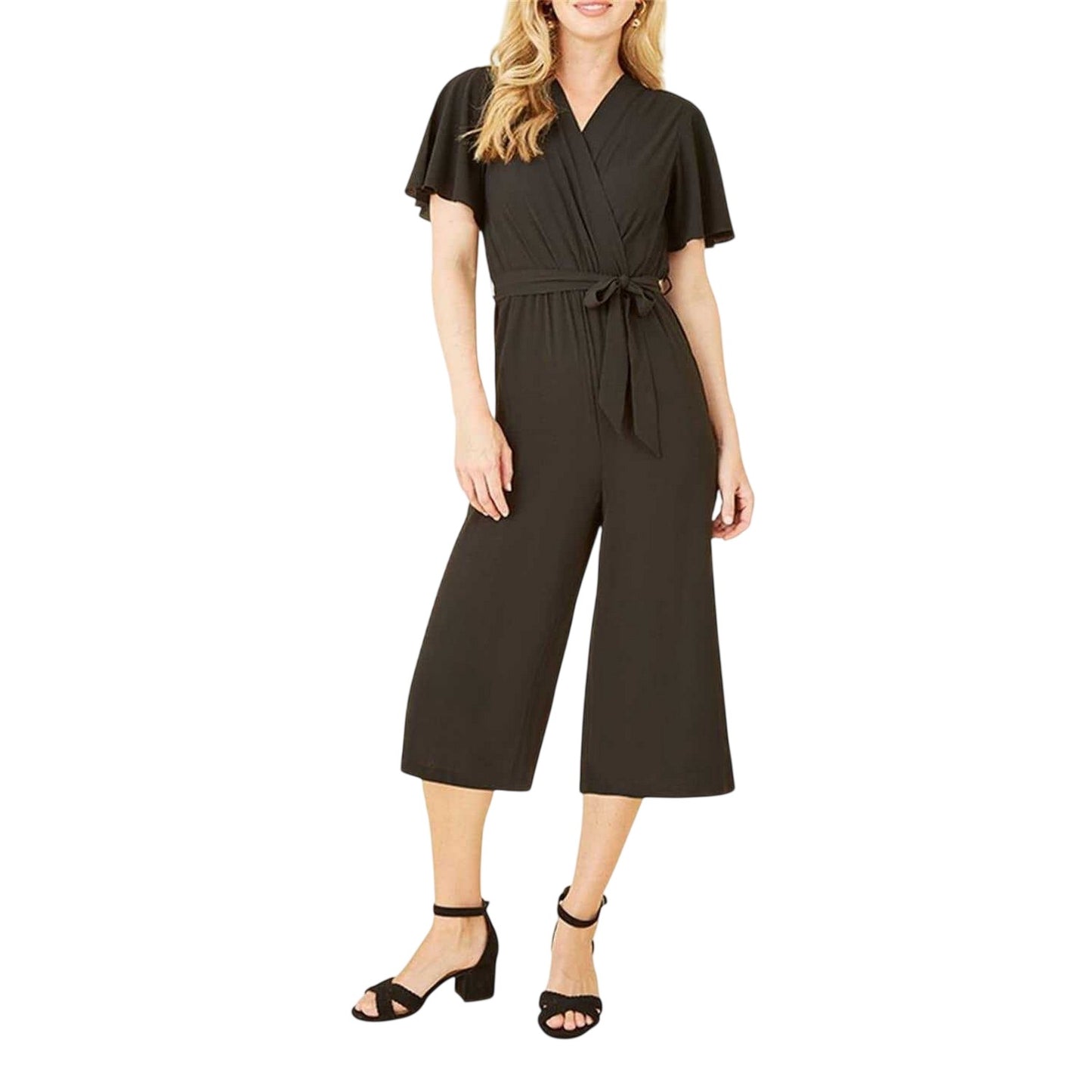 Black - Lifestyle - Mela London Womens-Ladies Cropped V Neck Angel Sleeve Jumpsuit